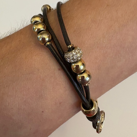Fossil leather gold rhinestone tone beaded bracelet 7.5" - Picture 3 of 8